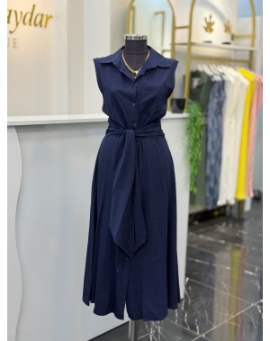 Önden Bağlama Detaylı Viskoz Kumaş Lacivert Elbise 