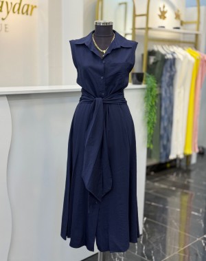 Önden Bağlama Detaylı Viskoz Kumaş Lacivert Elbise 