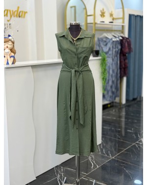 Önden Bağlama Detaylı Viskoz Kumaş Yeşil Elbise 