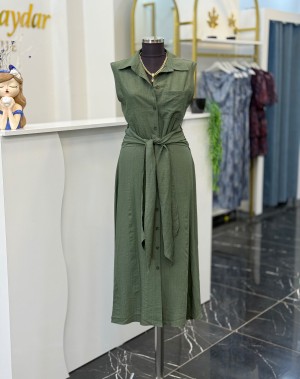 Önden Bağlama Detaylı Viskoz Kumaş Yeşil Elbise 