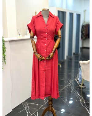 Önden Düğmeli Nar Çiçeği Keten Elbise 