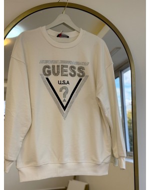 Üç İplik Şardonsuz Taşlı Sweatshirt Beyaz 