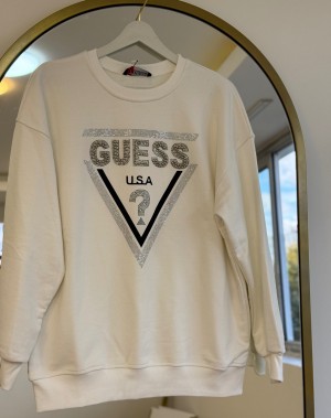 Üç İplik Şardonsuz Taşlı Sweatshirt Beyaz 