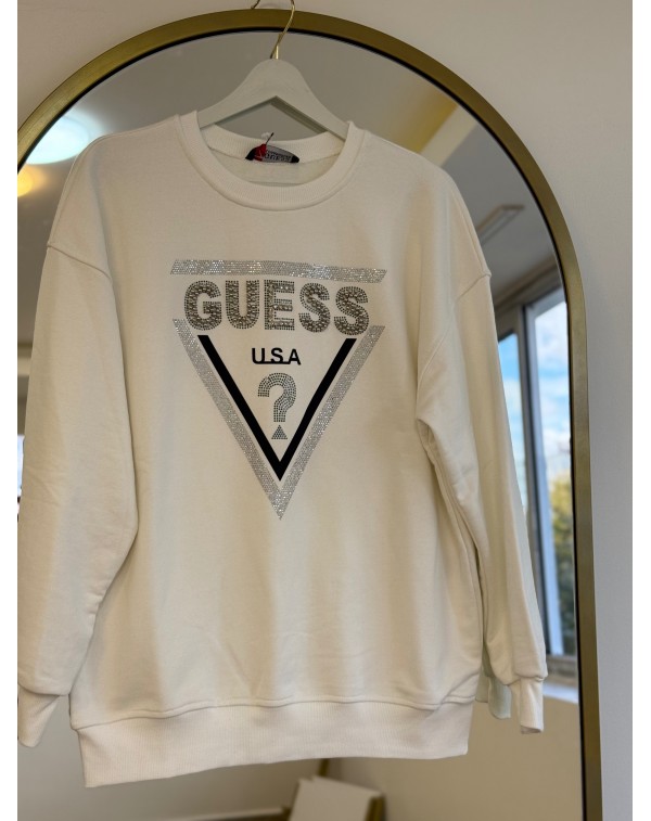 Üç İplik Şardonsuz Taşlı Sweatshirt Beyaz