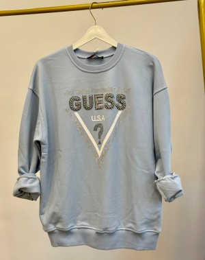 Üç İplik Şardonsuz Taşlı Sweatshirt Mavi 