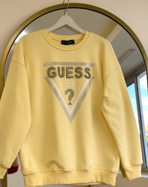 Üç İplik Şardonsuz Taşlı Sweatshirt Sarı 