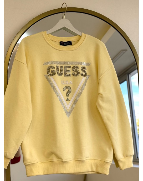 Üç İplik Şardonsuz Taşlı Sweatshirt Sarı