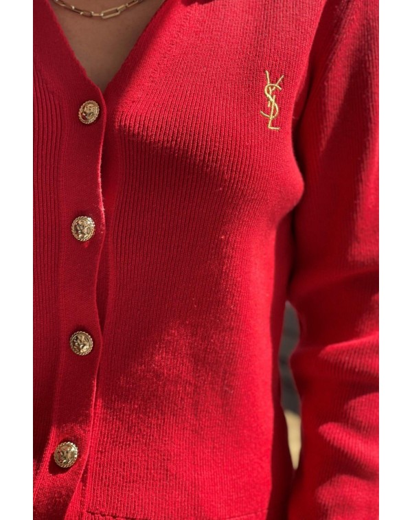 1. Sınıf Kalite Marka Model Gold Düğmeli Hırka Kırmızı