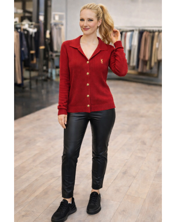 1. Sınıf Kalite Marka Model Gold Düğmeli Hırka Kırmızı