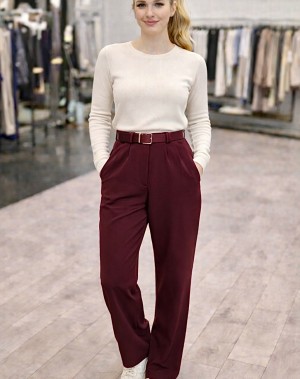 Kemerli Likralı Krep Kumaş Palazzo Pantolon Bordo 