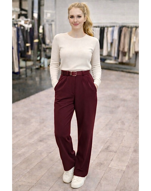 Kemerli Likralı Krep Kumaş Palazzo Pantolon Bordo