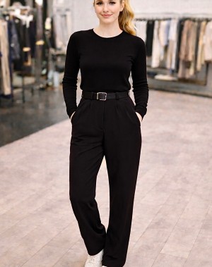 Kemerli Likralı Krep Kumaş Palazzo Pantolon Siyah 