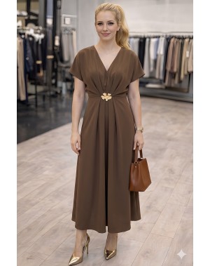 Premium Seri Gold Broş Detaylı Vizon Şık Elbise 