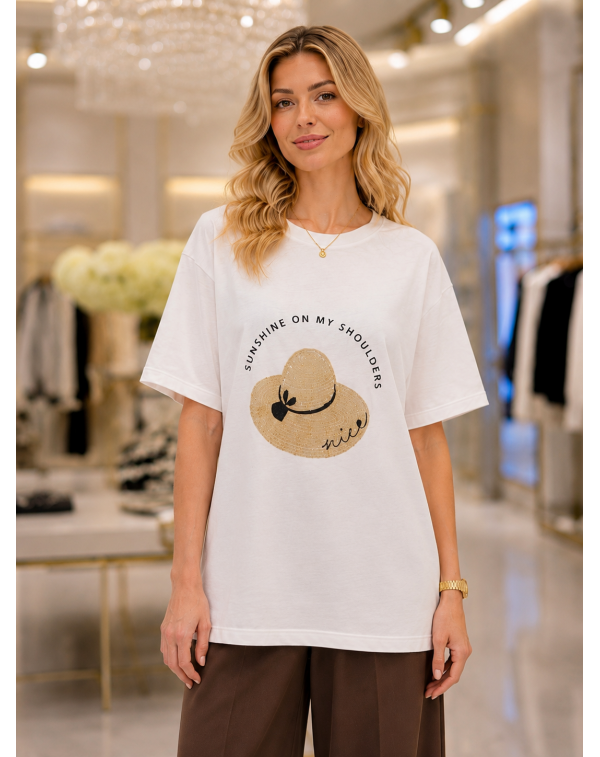 Premium Kalite Şapka Desenli Poplin Tshirt