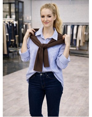 Bağlama Detaylı Kareli Gömlek Mavi