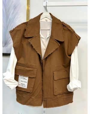 Büyük Yelekli Gömlek Yaka Yelek Kahverengi 