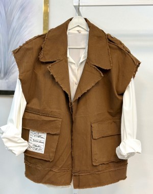 Büyük Yelekli Gömlek Yaka Yelek Kahverengi 