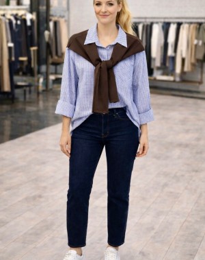 Bağlama Detaylı Kareli Gömlek Mavi