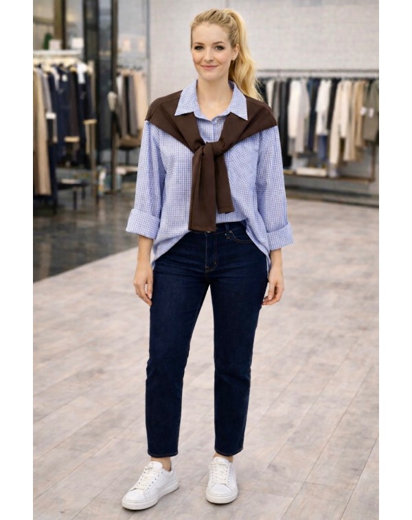 Bağlama Detaylı Kareli Gömlek Mavi