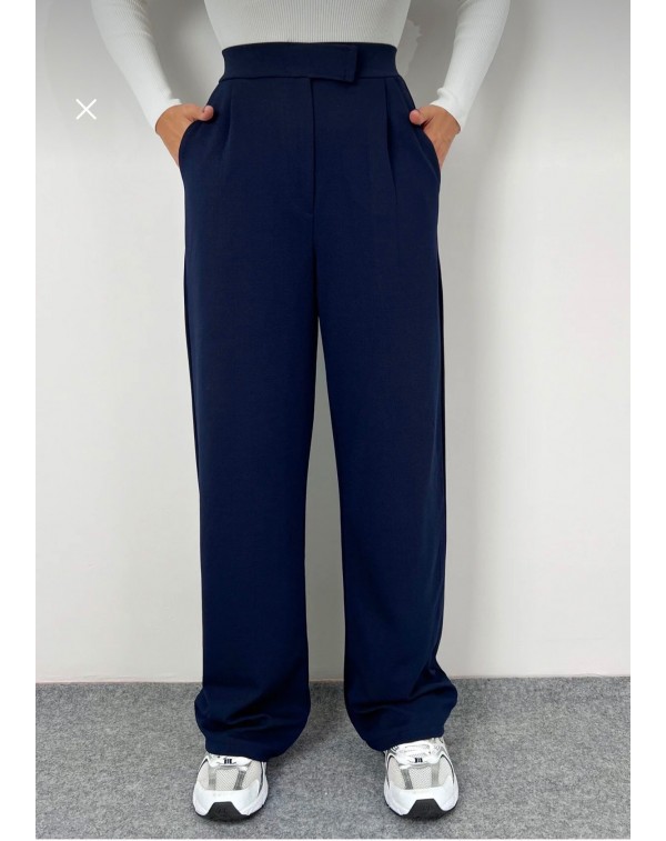 Cırtlı Likralı Krep Kumaş Palazzo Pantolon Lacivert