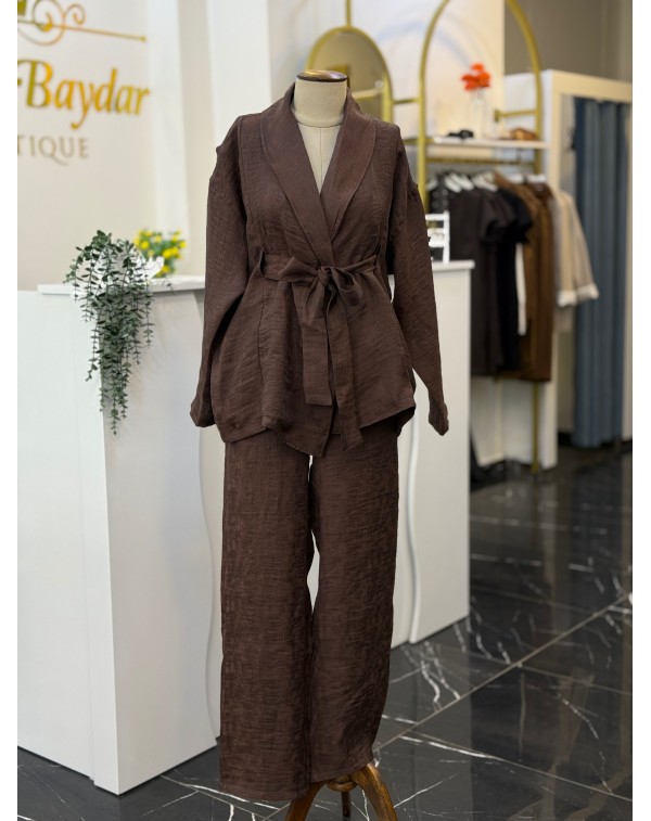Jakarlı Özel Kumaş Kimono Pantolon Takım Kahverengi