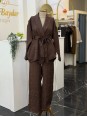 Jakarlı Özel Kumaş Kimono Pantolon Takım Kahverengi