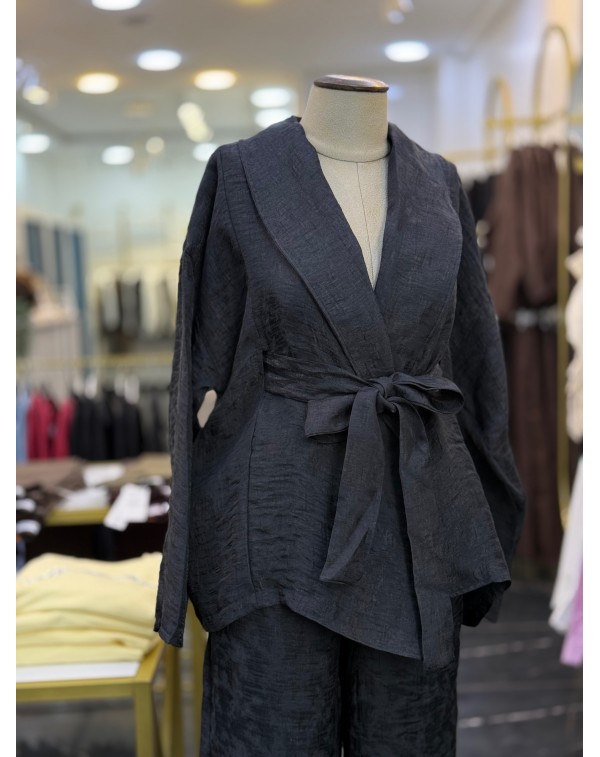 Jakarlı Özel Kumaş Kimono Pantolon Takım Siyah