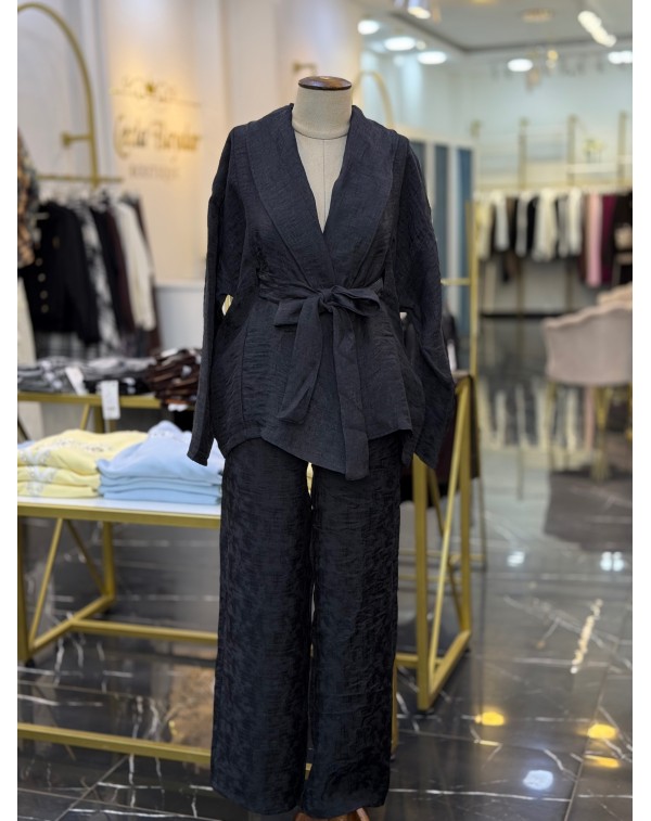 Jakarlı Özel Kumaş Kimono Pantolon Takım Siyah