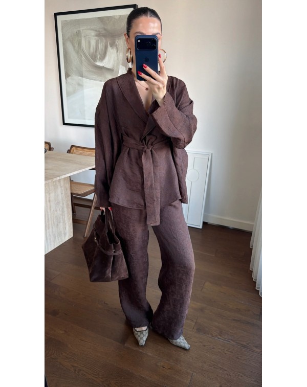 Jakarlı Özel Kumaş Kimono Pantolon Takım Kahverengi