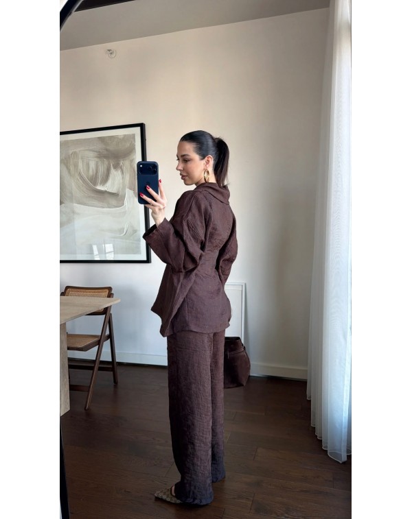 Jakarlı Özel Kumaş Kimono Pantolon Takım Kahverengi