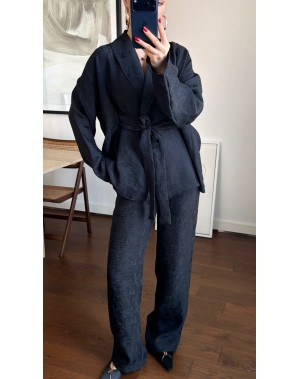 Jakarlı Özel Kumaş Kimono Pantolon Takım Siyah