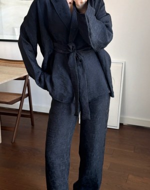 Jakarlı Özel Kumaş Kimono Pantolon Takım Siyah