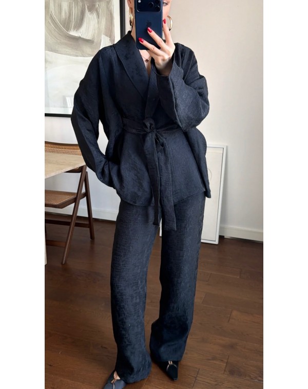 Jakarlı Özel Kumaş Kimono Pantolon Takım Siyah