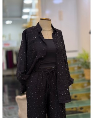 Lüx Kalite Serpme Taşlı Gömlek Pantolon Takım Siyah 
