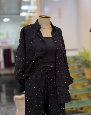 Lüx Kalite Serpme Taşlı Gömlek Pantolon Takım Siyah 