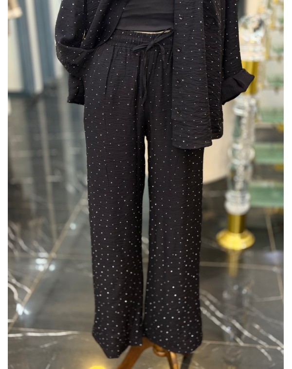 Lüx Kalite Serpme Taşlı Gömlek Pantolon Takım Siyah