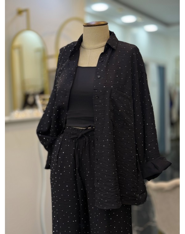 Lüx Kalite Serpme Taşlı Gömlek Pantolon Takım Siyah