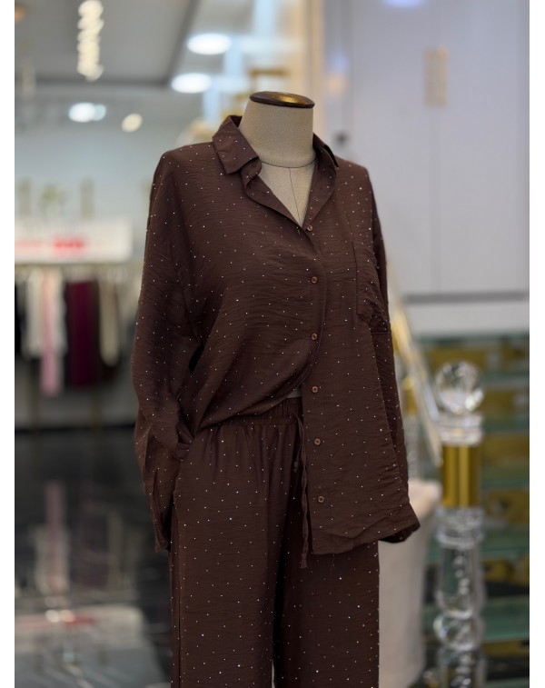 Lüx Kalite Serpme Taşlı Gömlek Pantolon Takım Kahverengi