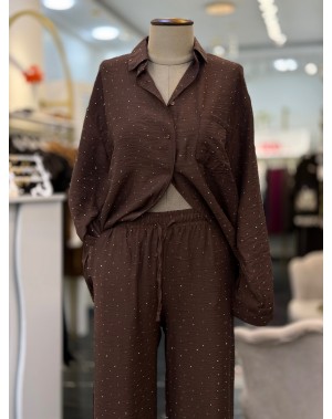 Lüx Kalite Serpme Taşlı Gömlek Pantolon Takım Kahverengi 