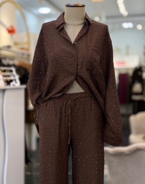 Lüx Kalite Serpme Taşlı Gömlek Pantolon Takım Kahverengi 