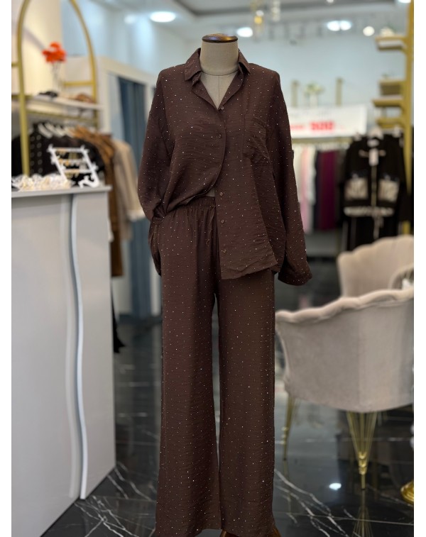 Lüx Kalite Serpme Taşlı Gömlek Pantolon Takım Kahverengi