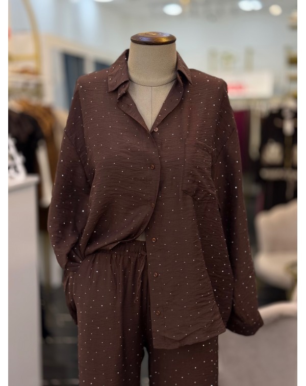 Lüx Kalite Serpme Taşlı Gömlek Pantolon Takım Kahverengi