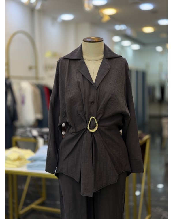 Lüx Kalite Broş Detaylı Özel Kumaş Kahverengi Takım