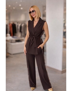 Lüx Kalite Yanı Şeritli Yelek Pantolon Kahverengi Takım 