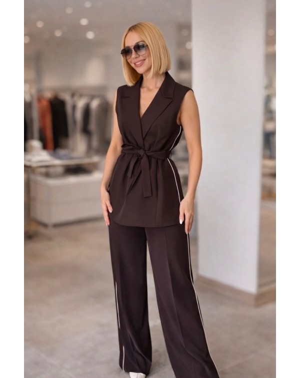 Lüx Kalite Yanı Şeritli Yelek Pantolon Kahverengi Takım