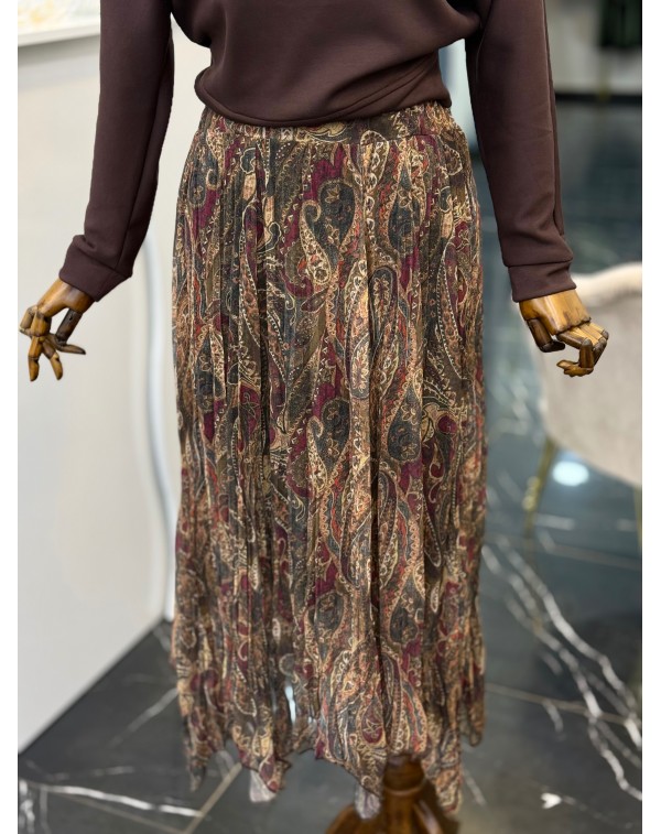 Şal Desen Asimetrik Kesim Şifon Etek Bordo