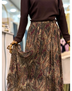 Şal Desen Asimetrik Kesim Şifon Etek Bordo 