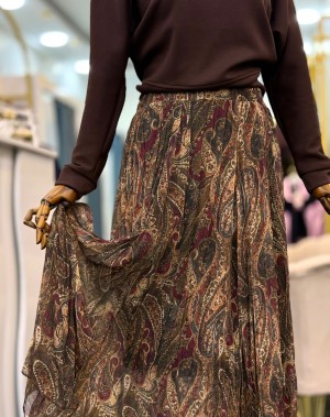 Şal Desen Asimetrik Kesim Şifon Etek Bordo 