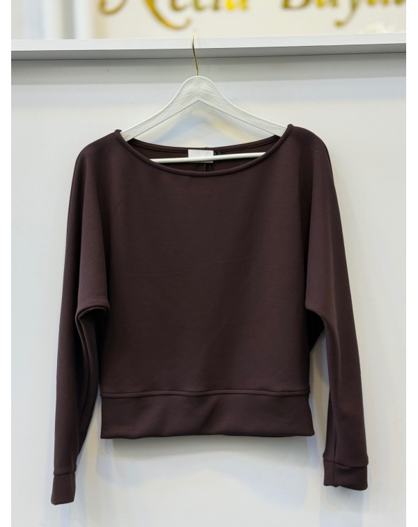 Lüx Kalite Modal Kumaş Kayık Yaka Bluz Kahverengi