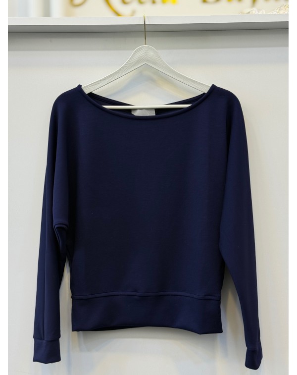 Lüx Kalite Modal Kumaş Kayık Yaka Bluz Lacivert